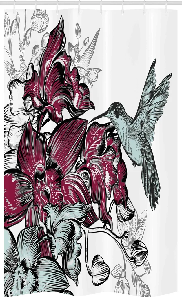ABAKUHAUS Tenda da doccia stretta naturale, orchidee e colibrì, set decorativo per bagno in tessuto con ganci, 120 x 180 cm, rosso bordeaux
