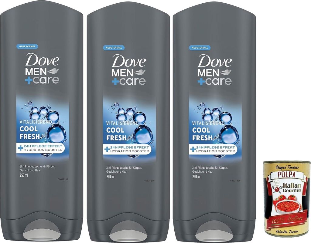 Dove Men+Care, shower gel 3 in 1, Cool Fresh Duschbad für Körper, Gesicht und Haare mit 24-Stunden-Pflegeeffekt, 3x 250 ml + Italian Gourmet polp...