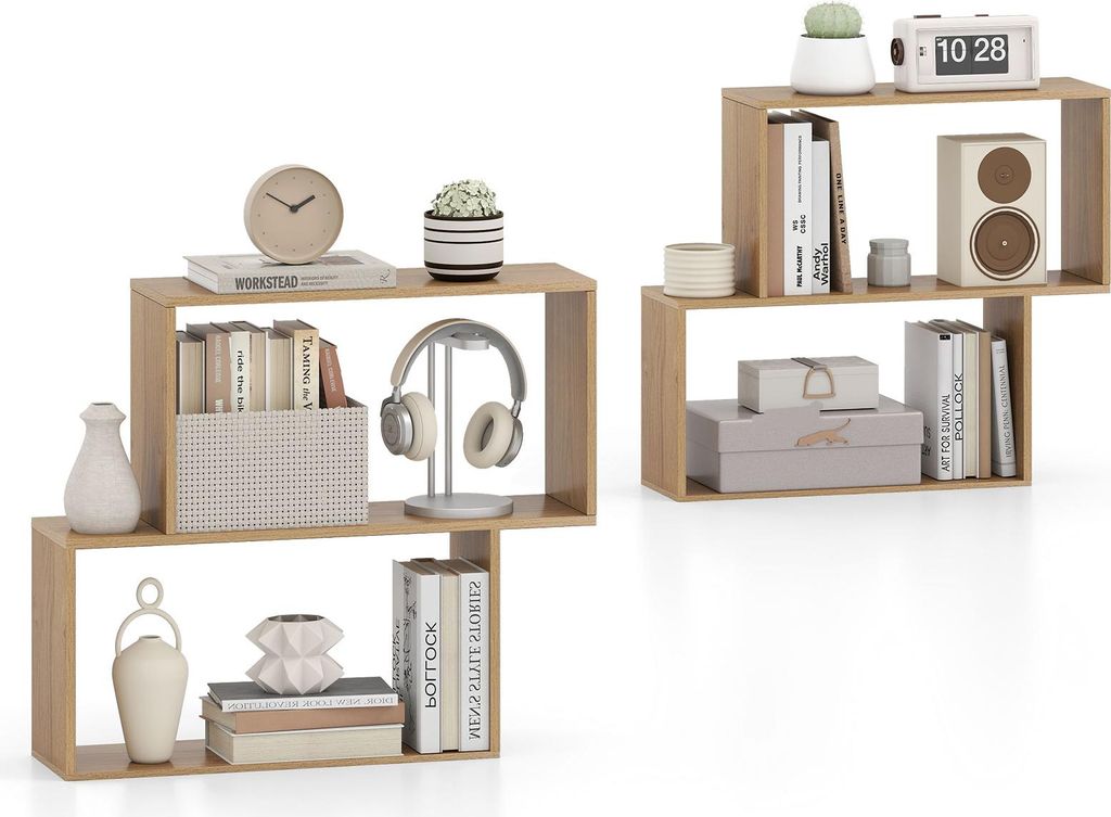 COSTWAY 3-stöckiges Bücherregal, Holzregal mit 2 Fächern, Aufbewahrungsregal, Display-Regal für Wohnzimmer, Arbeitszimmer, Büro, Natur