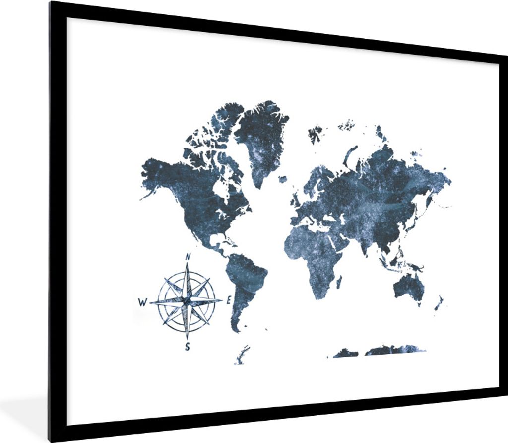 MuchoWow Gerahmtes Poster Weltkarte - Blau - Weiß 80x60 cm - Poster mit Schwarzem Bilderrahmen Wandposter Rahmen Foto Bilder - Schlafzimmer-Deko...