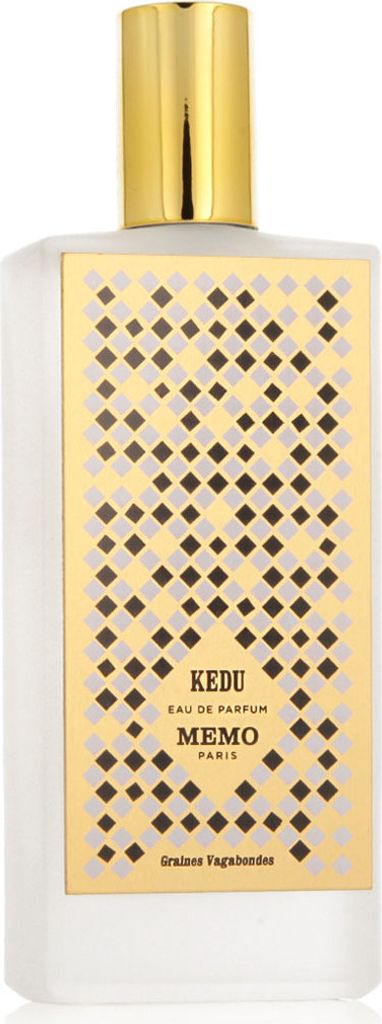 A white perfume bottle with a gold cap and a decorative gold label featuring a diamond pattern.