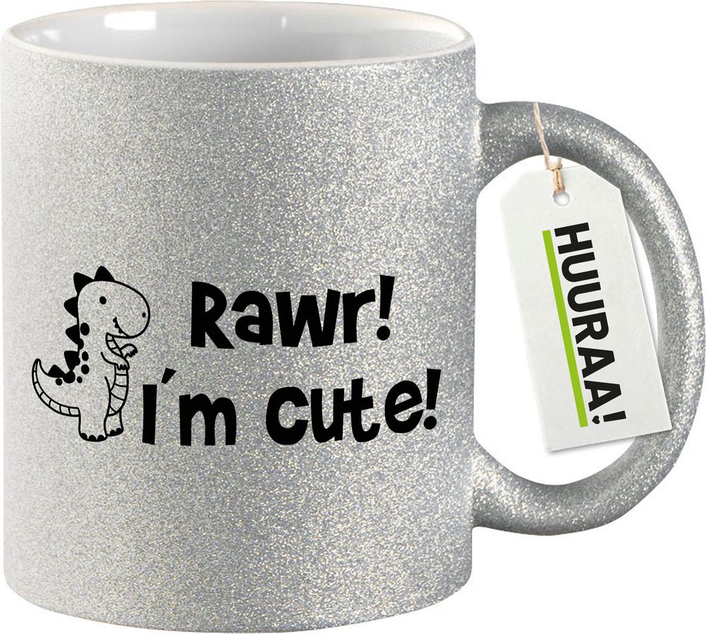Huuraa Glitzertasse T-Rex I`m cute 330ml Silber Keramik Kaffeebecher Geschenkidee