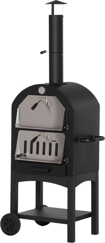 A black outdoor pizza oven on a white background.