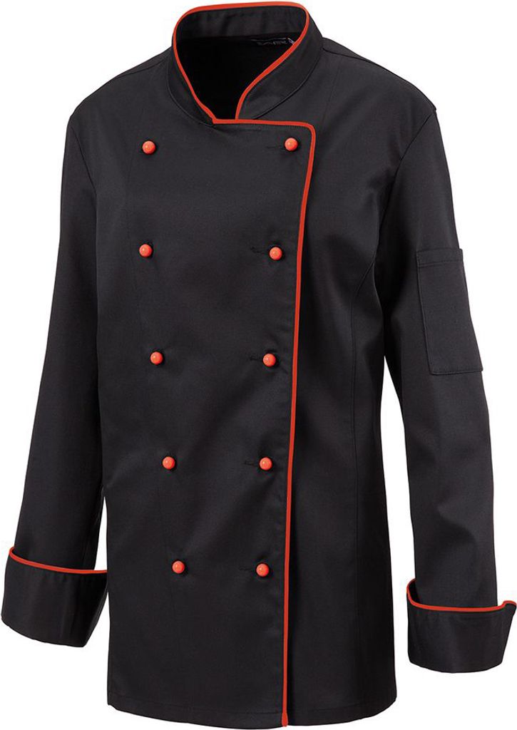 Damenkochjacke langarm, taillert, Fb. schwarz, Paspel rot, Produktbild 