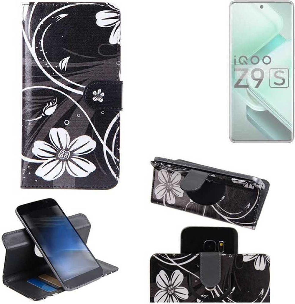 K-S-Trade Schutzhülle Handyhülle kompatibel mit Vivo iQOO Z9s Hülle 360° Wallet Case “Flowers“ Klapphülle Hülle schwarz-weiß 1x
