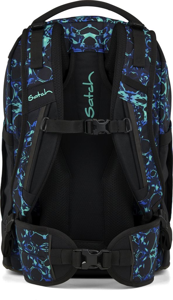 The back view of a patterned backpack.