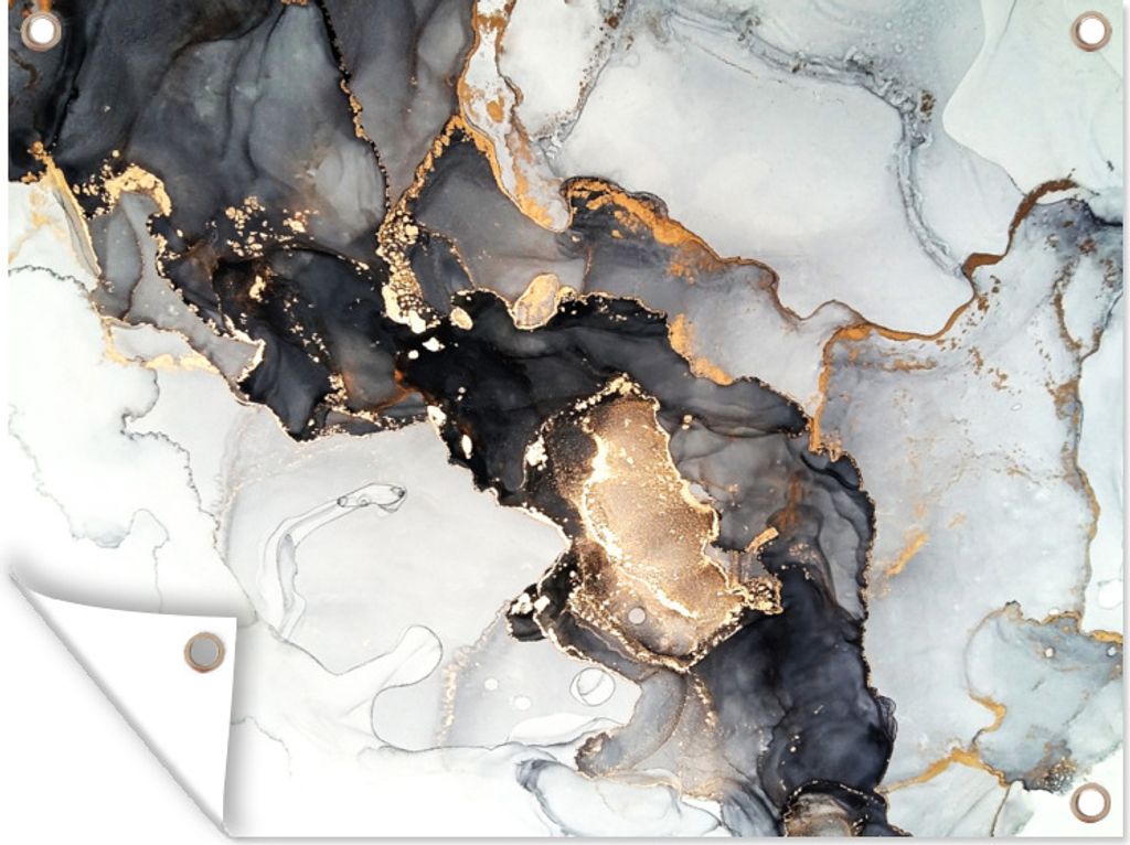 MuchoWow 120x90 cm Outdoor-Poster Gartendeko Sichtschutz Garten Poster für den Garten Marmor - Schwarz - Weiß - Gold - Luxus - Abstrakt