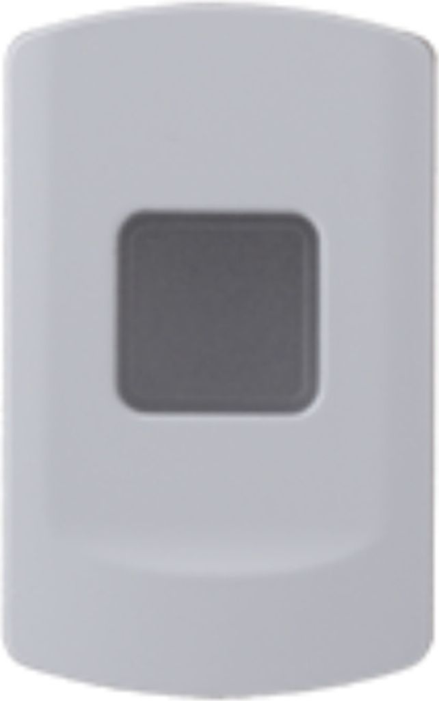 A close-up of a white device with a gray button.