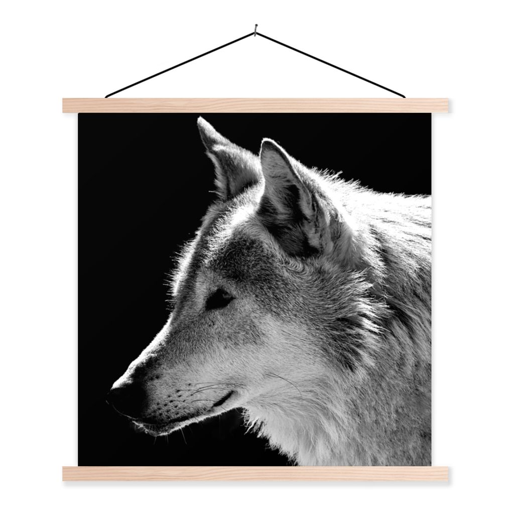 MuchoWow Textilposter Wildlife - Wolf - Schwarz - Weiß 120x120 cm mit holzfarbenen Rahmen - Textil-Poster