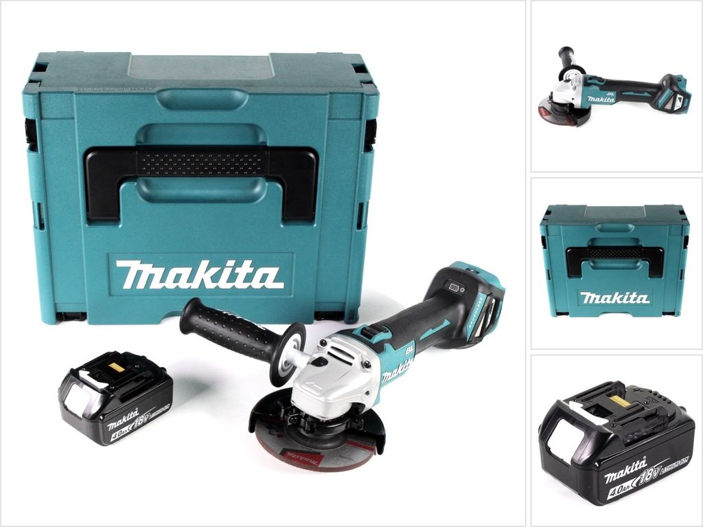 A Makita angle grinder set with a storage case and battery.
