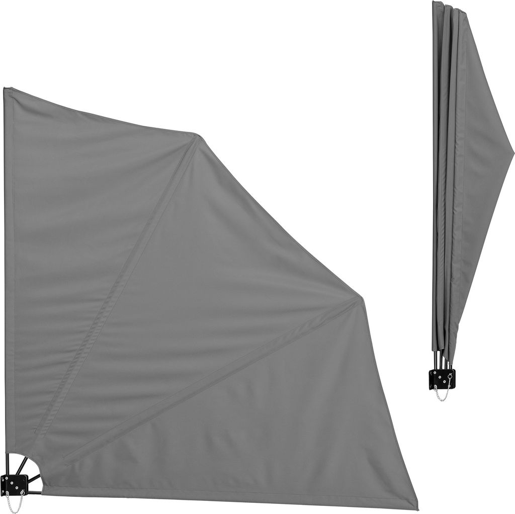 A gray side awning or balcony screen is shown, partially deployed and folded.