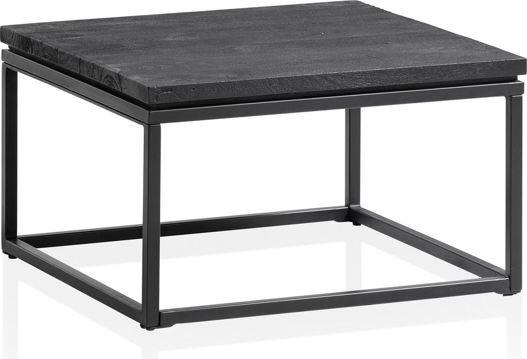 Couchtisch 60x60x35 cm Mango Massivholz / Metall Schwarz Sofatisch Quadratisch, Design Wohnzimmertisch mit natürlicher Holzmaserung, Kaffeetisch W...