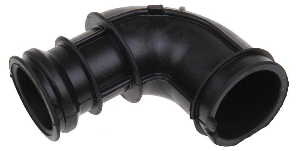 A black rubber hose with a curved shape.