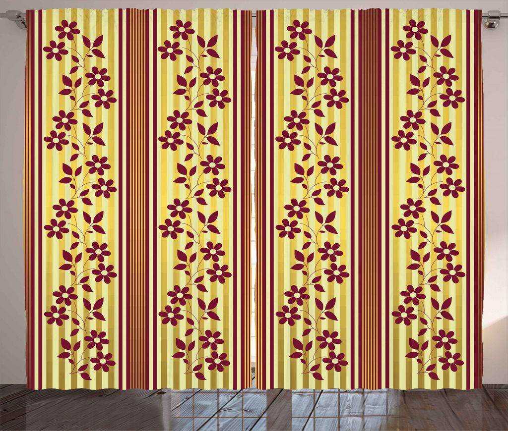 ABAKUHAUS Blumen Rustikaler Vorhang, Rote Blumen auf Streifen, Wohnzimmer Universalband Gardinen mit Schlaufen und Haken, 280 x 245 cm, Burgundy Gelb