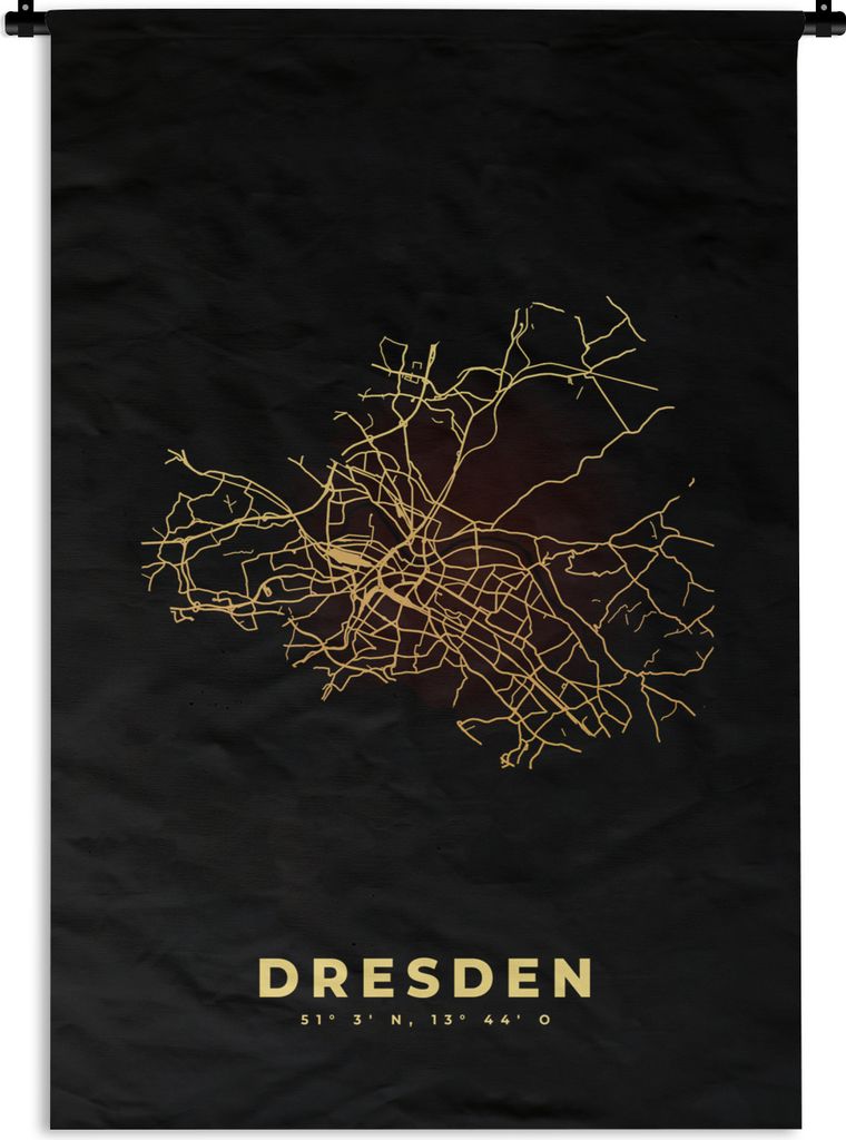 MuchoWow Wandteppich Wandbehang Gold - Karte - Dresden - Stadtplan 60x90 cm Tapisserie Dekoration Wandtuch - Foto-Teppich - Abwaschbar
