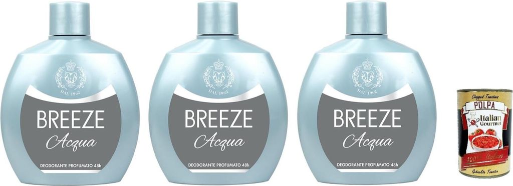 BREEZE Acqua Deodorante Squeeze, Deodorant ohne Gas und ohne Aluminiumsalze, 48h Duftendes Deodorant, 3x 100ml + Italian Gourmet polpa 400g