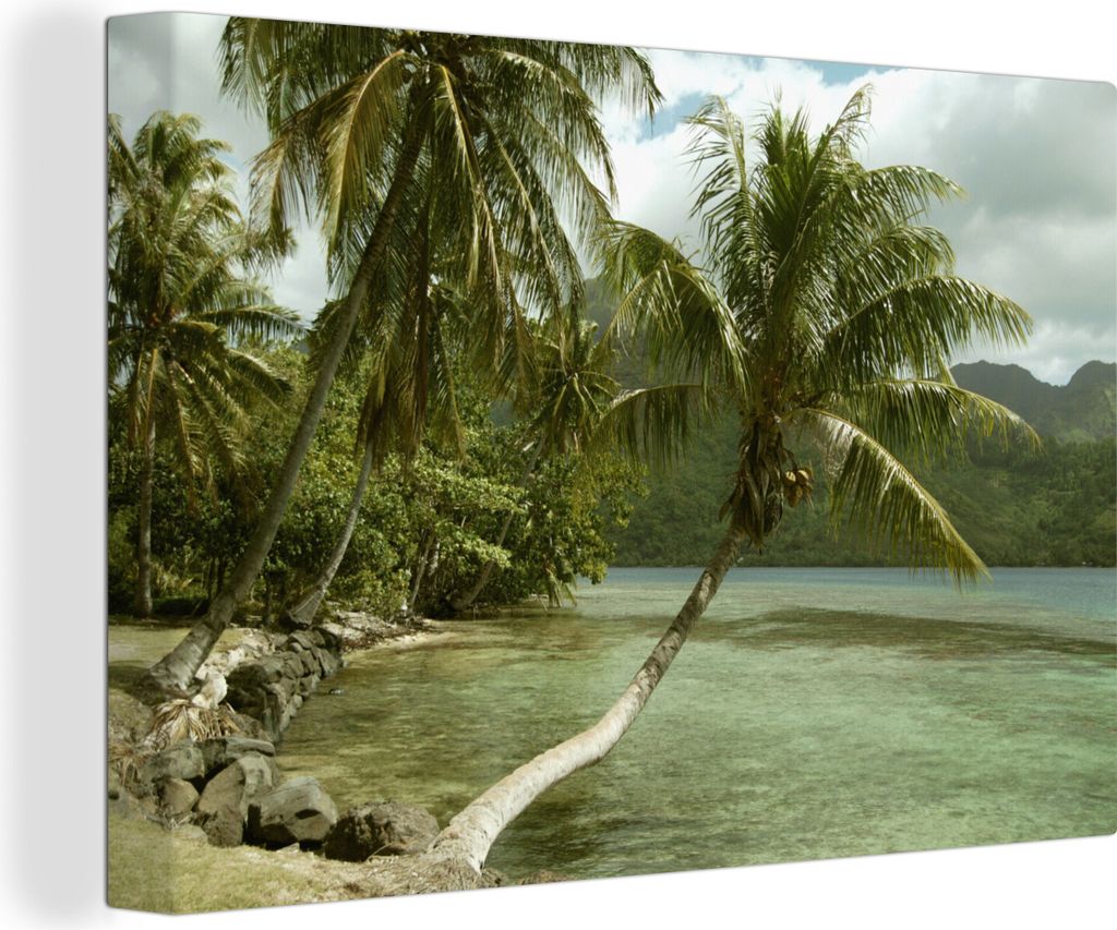 OneMillionCanvasses - Leinwandbilder - 140x90 cm, Die französisch-polynesische Insel Moorea mit Palmen am Strand, Wandbilder Kunstdruck Wanddeko...
