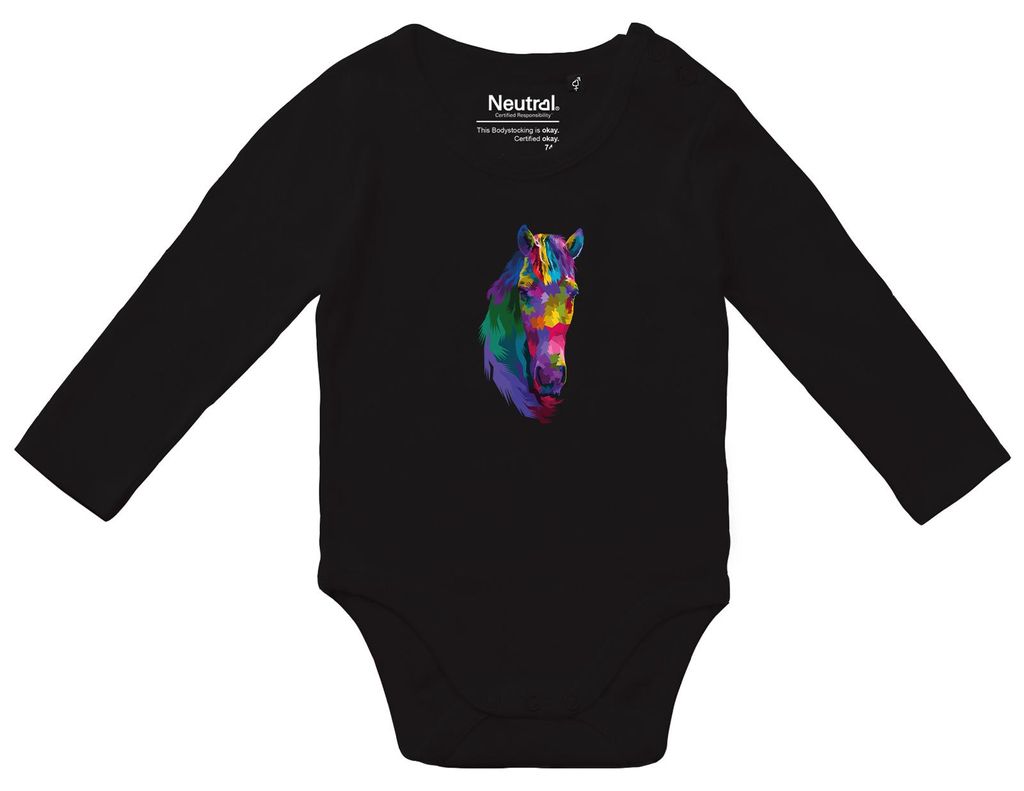 Huuraa Baby Body Pferdekopf Colorful 62 Black Baumwolle Fairtrade Langarmbody Geschenkidee