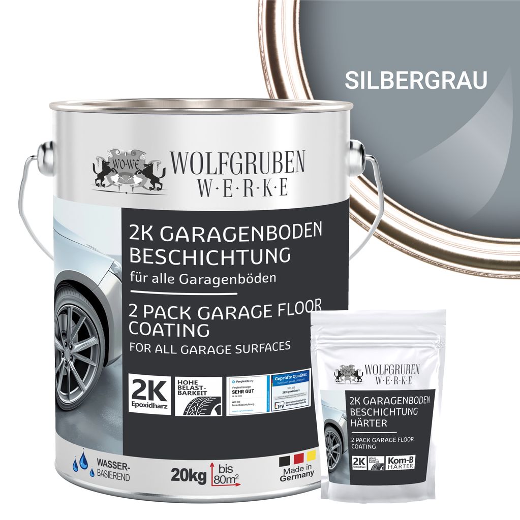 2K Garagenbodenbeschichtung Garagenfarbe Garagenbodenfarbe Epoxidharz Bodenbeschichtung für Garage Werkstatt Keller - Silbergrau l 20kg