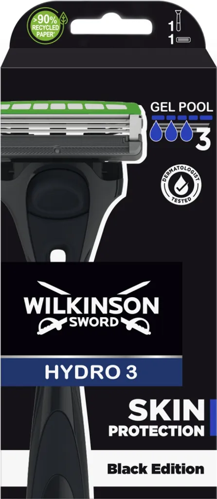 Rasoio Wilkinson Hydro 3 Black Edition + 1 Ricambio: Rasatura Professionale