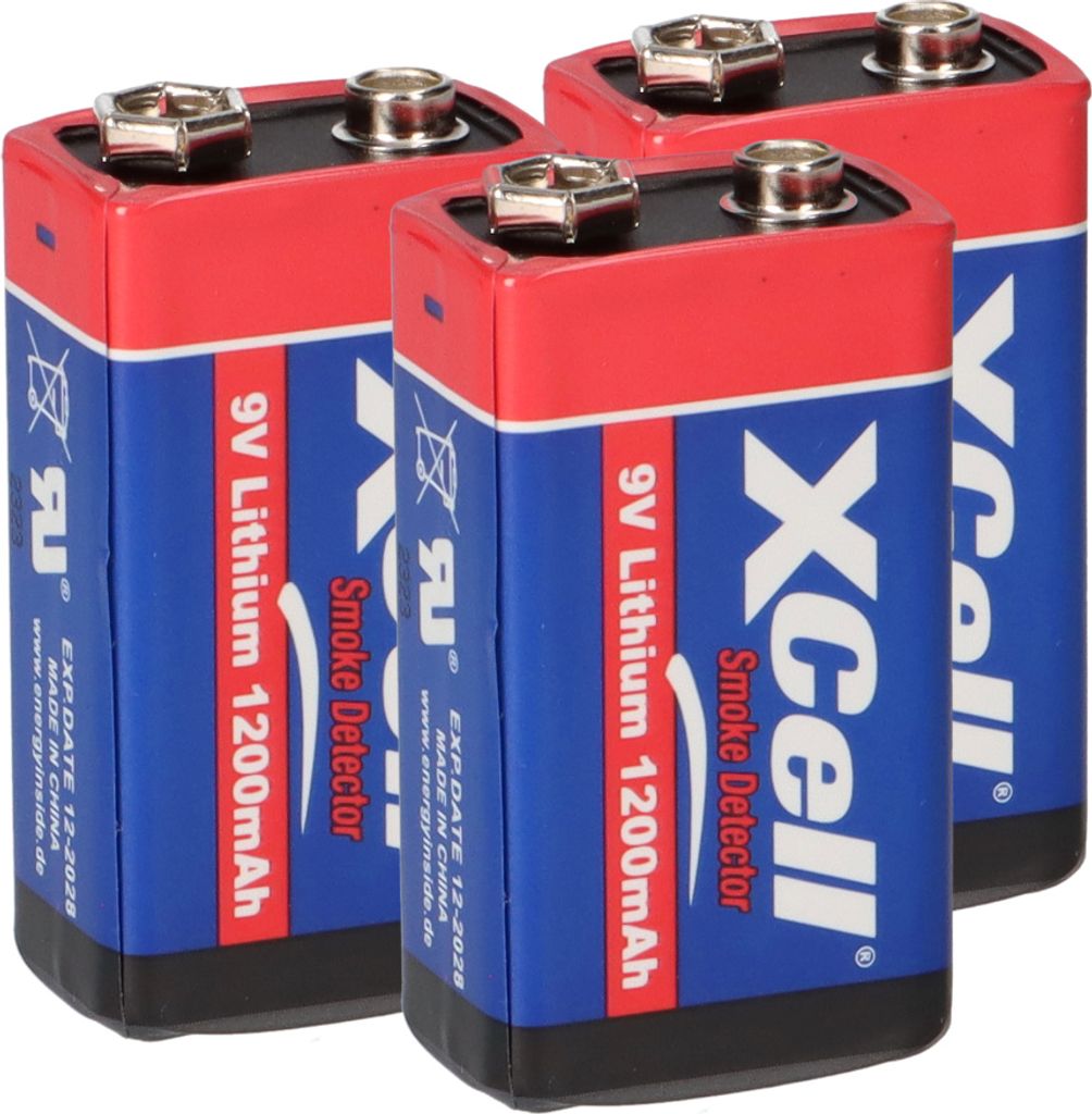 3x XCell Lithium 9V Block Hochleistungs- Batterien für Rauchmelder / Feuermelder - 10 Jahre Batterie Lebensdauer