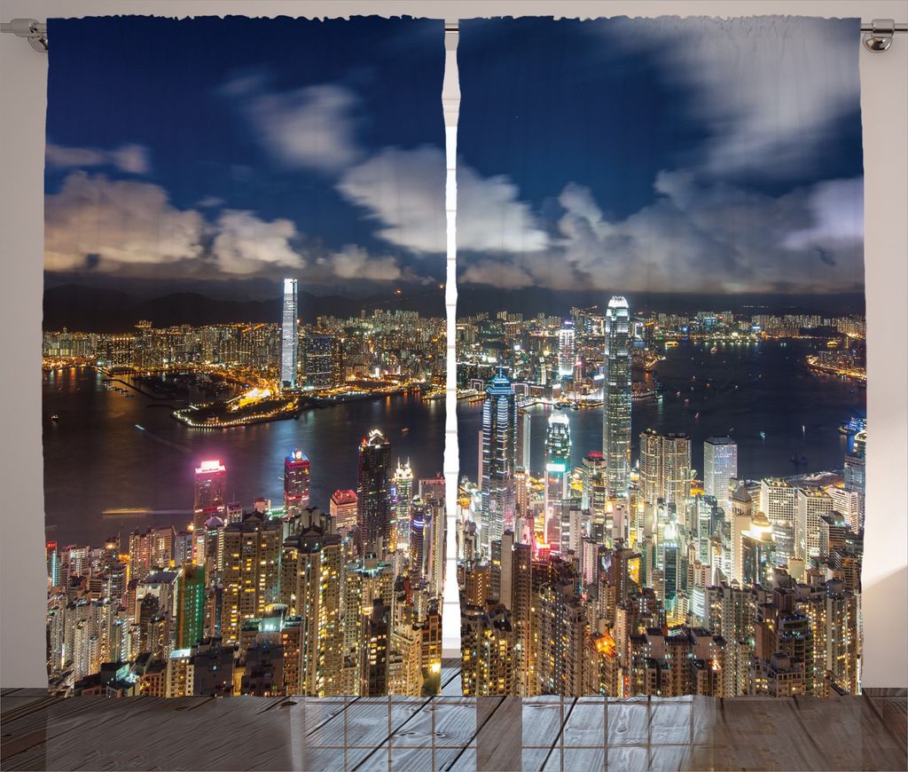 ABAKUHAUS Landschaft Rustikaler Vorhang, Night View Hong Kong, Wohnzimmer Universalband Gardinen mit Schlaufen und Haken, 280 x 245 cm, Weiß