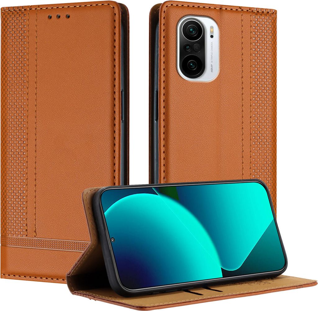 Handyhülle für Xiaomi Poco F3/Redmi K40/K40 Pro Leder Flip Klappbare Schutzhülle mit Standfunktion Braun