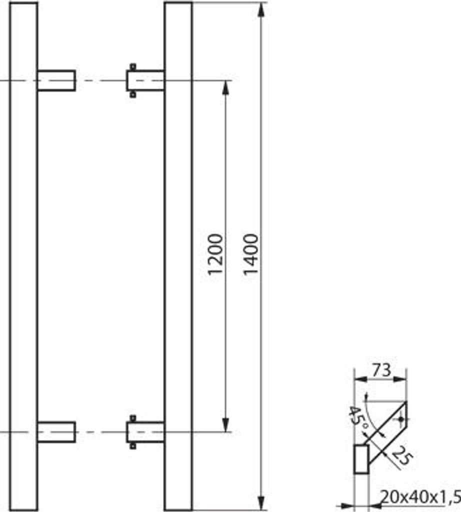 Doppelseitiger Türgriff, gebogen (45 Grad), L=1400 mm, X=1200 mm, rechteckig, Edelstahl