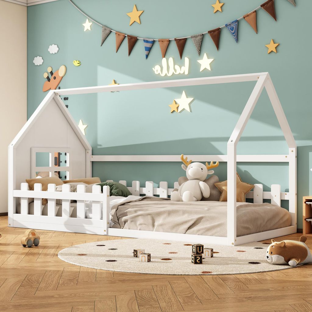 Haus-Kinderbett 90x200 cm mit Hausleiste – Flachbett in Weiß, Kiefernholz, 204x96,5x113,8 cm, für Kinderzimmer