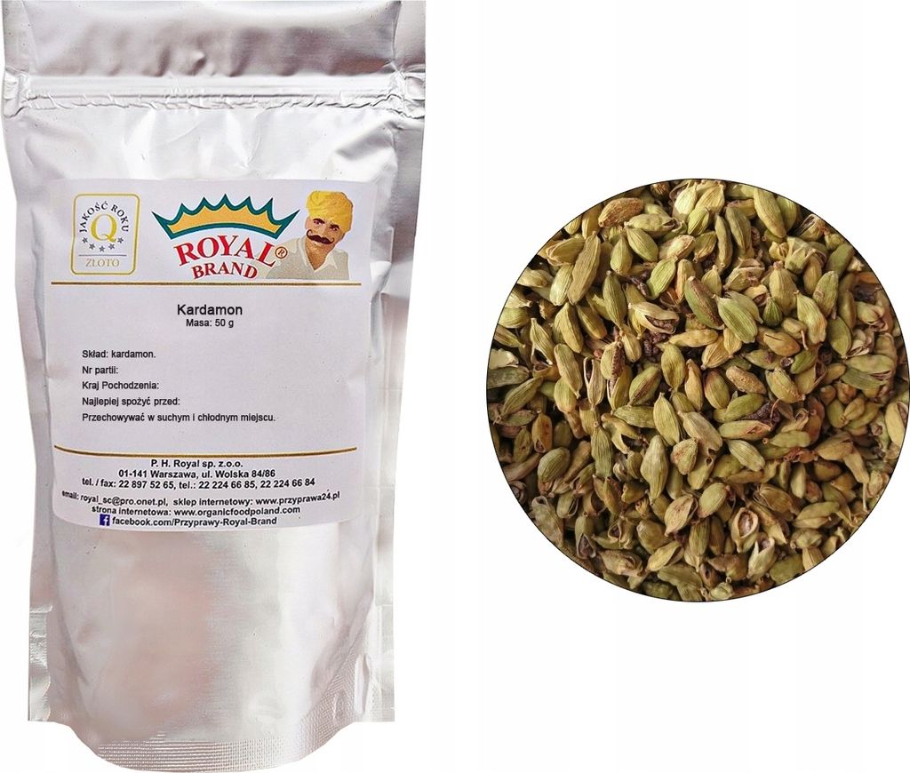 A product image showing a bag of cardamom and a close-up of cardamom seeds.