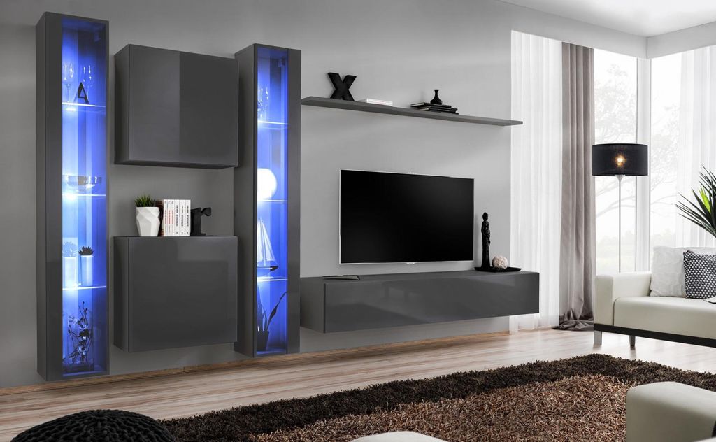 Luxus 2x Hänge Vitrine Wohnwand 2x Wandschrank Komplett Set Wand Regal Anbauwand