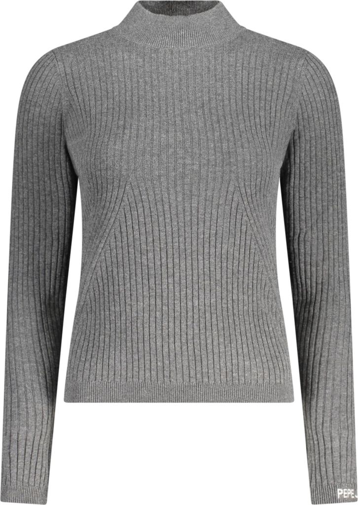 Grauer Langarm-Rollkragenpullover mit Stickerei und Kontrastdetails