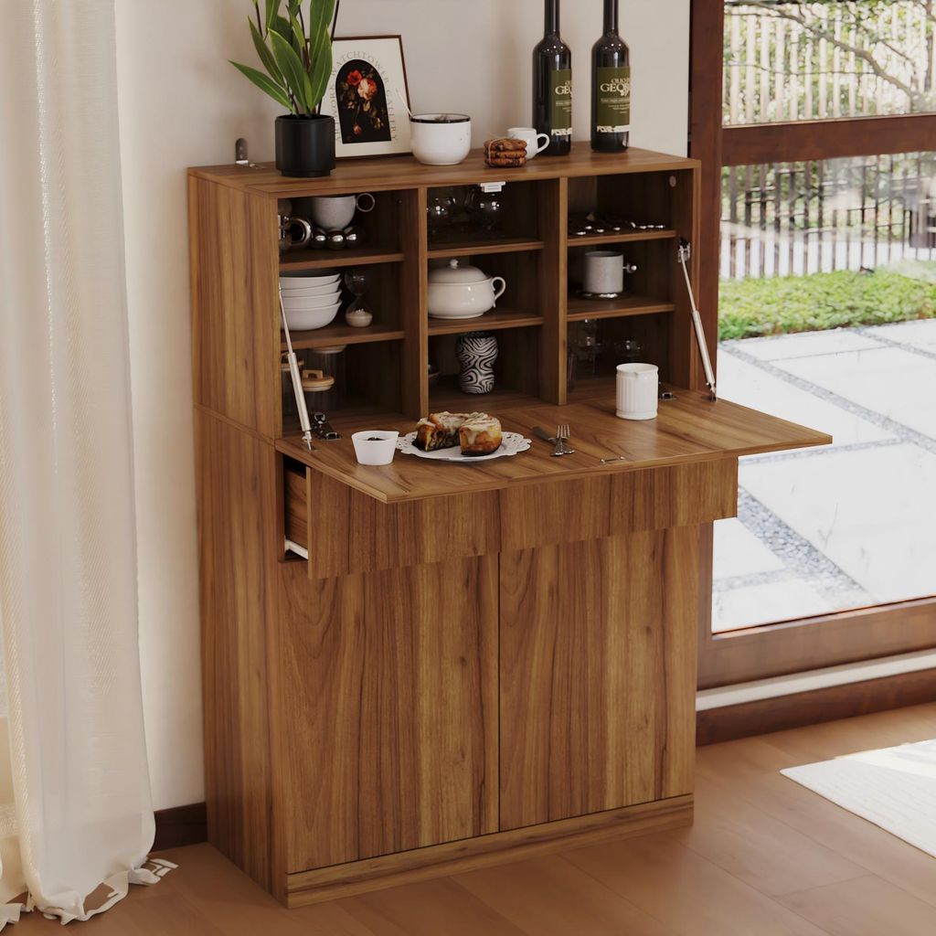 Küchenschrank mit Klapptisch, Multifunktionaler Schubladenschrank, Kaffeeschrank, für Küche, Wohnzimmer, Schlafzimmer, Braun, MDF, 80 x 35 x 120 cm