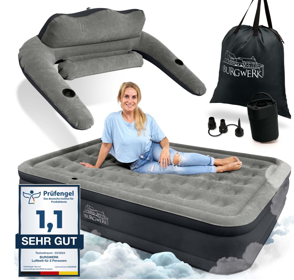 A woman is lying on an inflatable mattress, with various accessories and a rating badge displayed around it.
