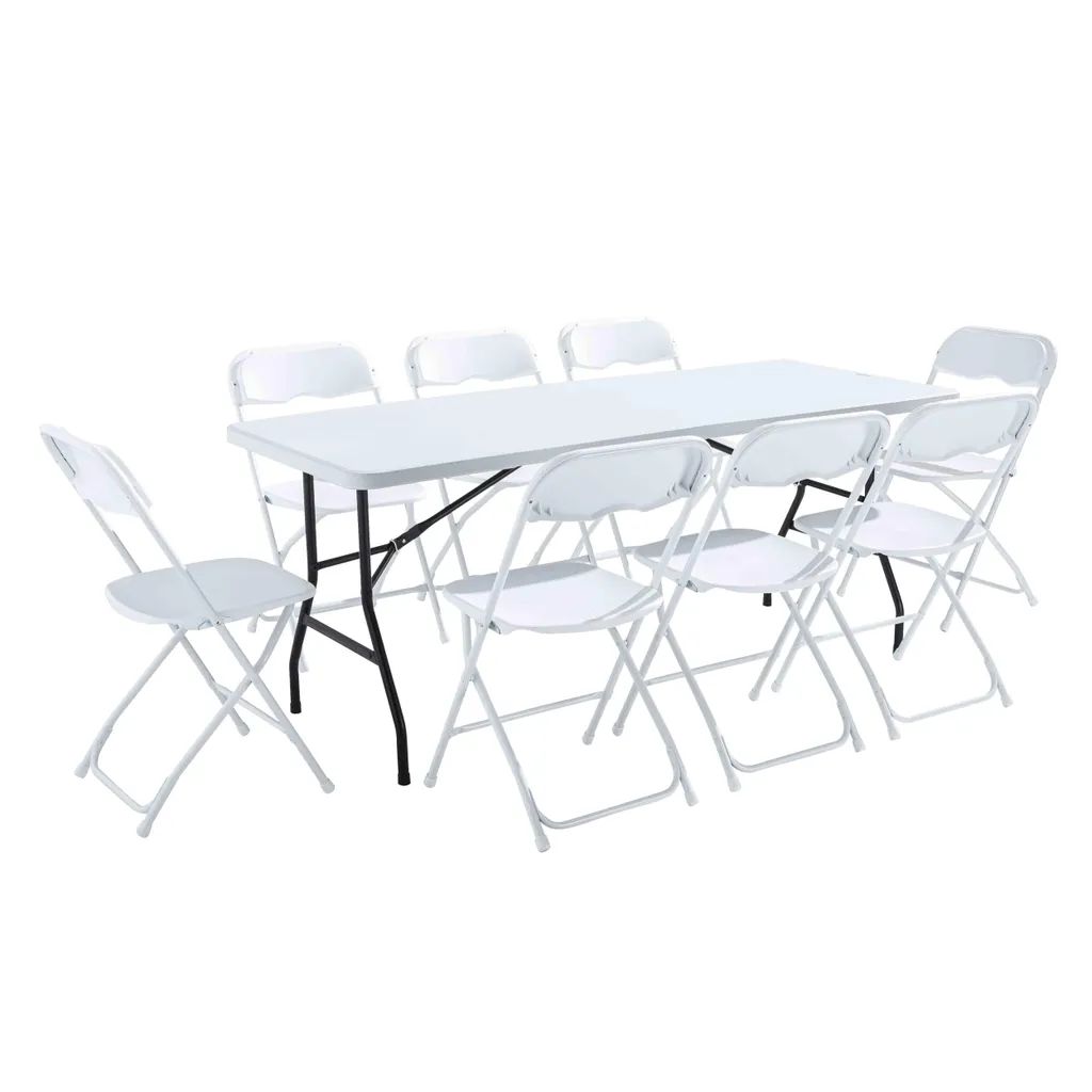 Salon de jardin pliable 8 places ensemble table blanche et chaises