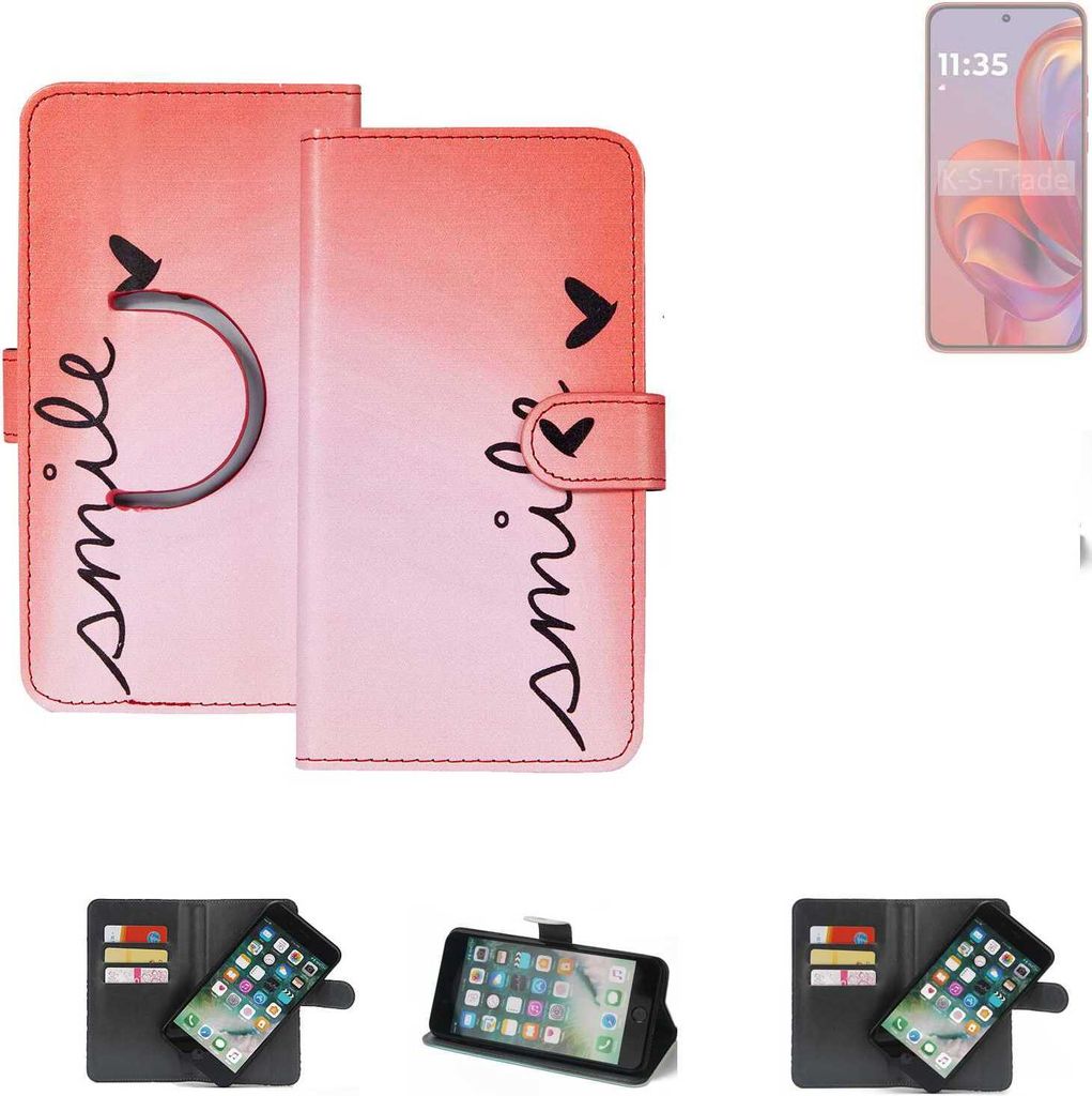 K-S-Trade Schutzhülle Handyhülle kompatibel mit Motorola Moto S50 Hülle cover bookstyle Etui ''smile'' rot Standfunktion Kameraschutz (1Stk)