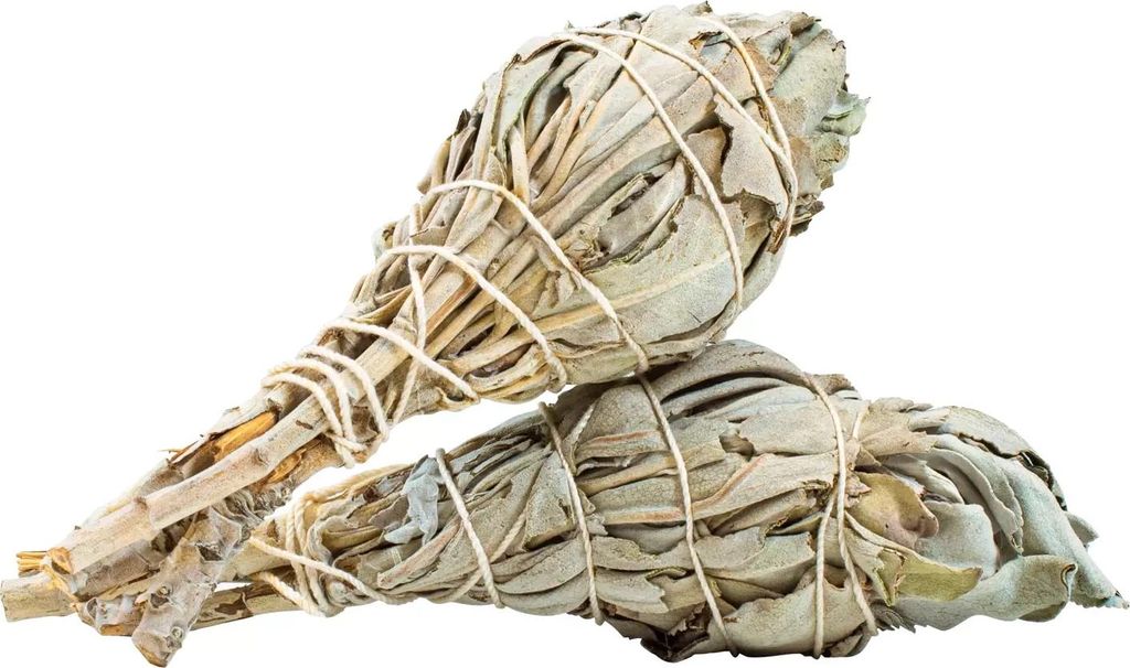 Two bundles of dried sage tied with string, presented on a white background.