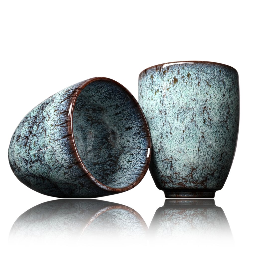 Kaffee Becher Keramik, Design Kaffee-Tasse ohne Henkel 200ml, Tee-Tasse 2er Set, coffee mug, tea cup, Tasse mit modernem Muster, bunte Unikate (samoa)