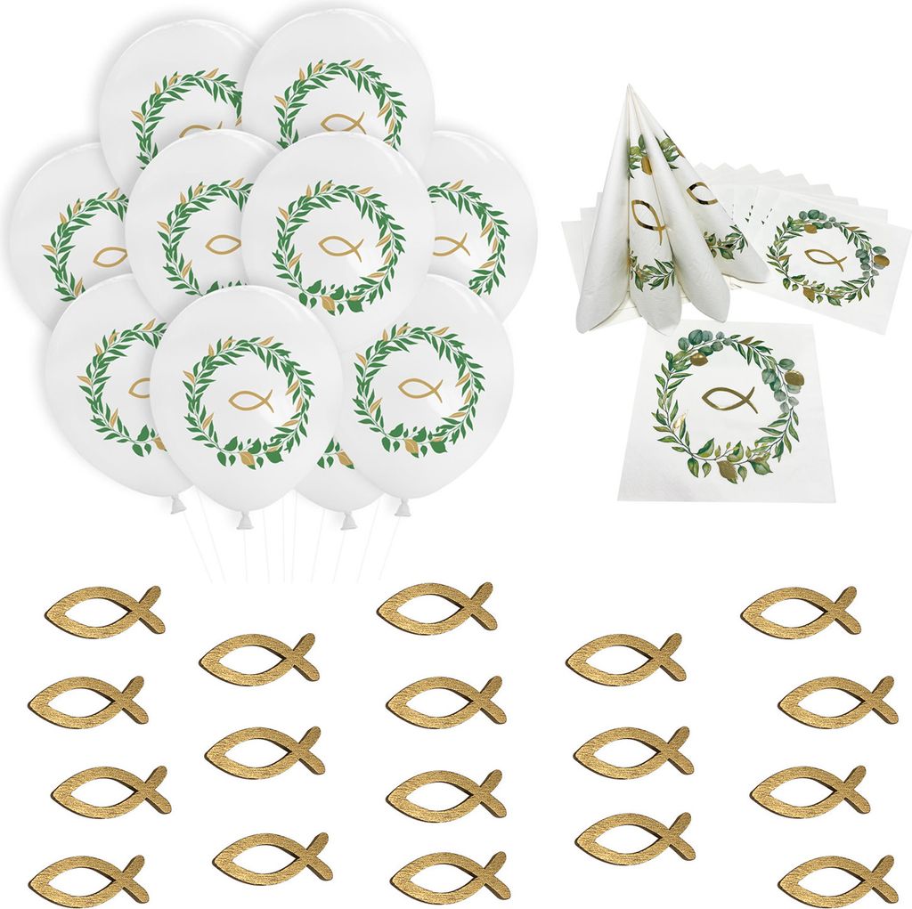 Oblique Unique Deko Set für Taufe Kommunion Konfirmation Hochzeit - Luftballons + Holz Fische + Servietten - weiß grün gold