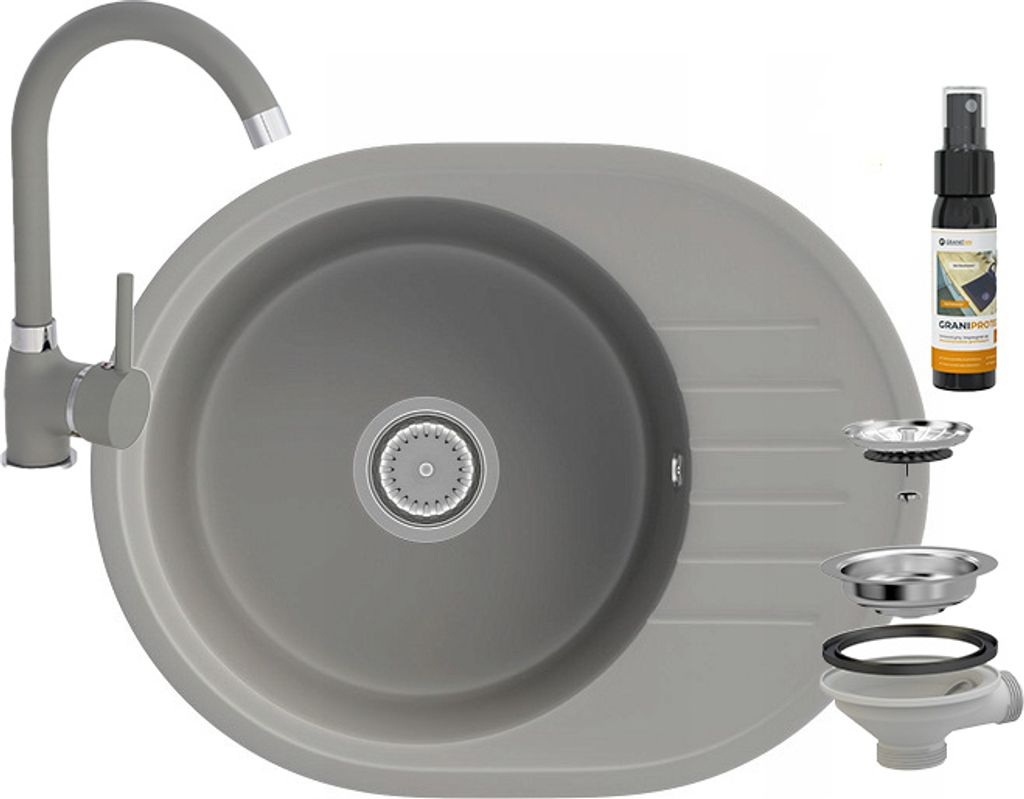 Granit Spülbecken Oval Luxor Grau Spülbecken Set Mischbatterie Siphon