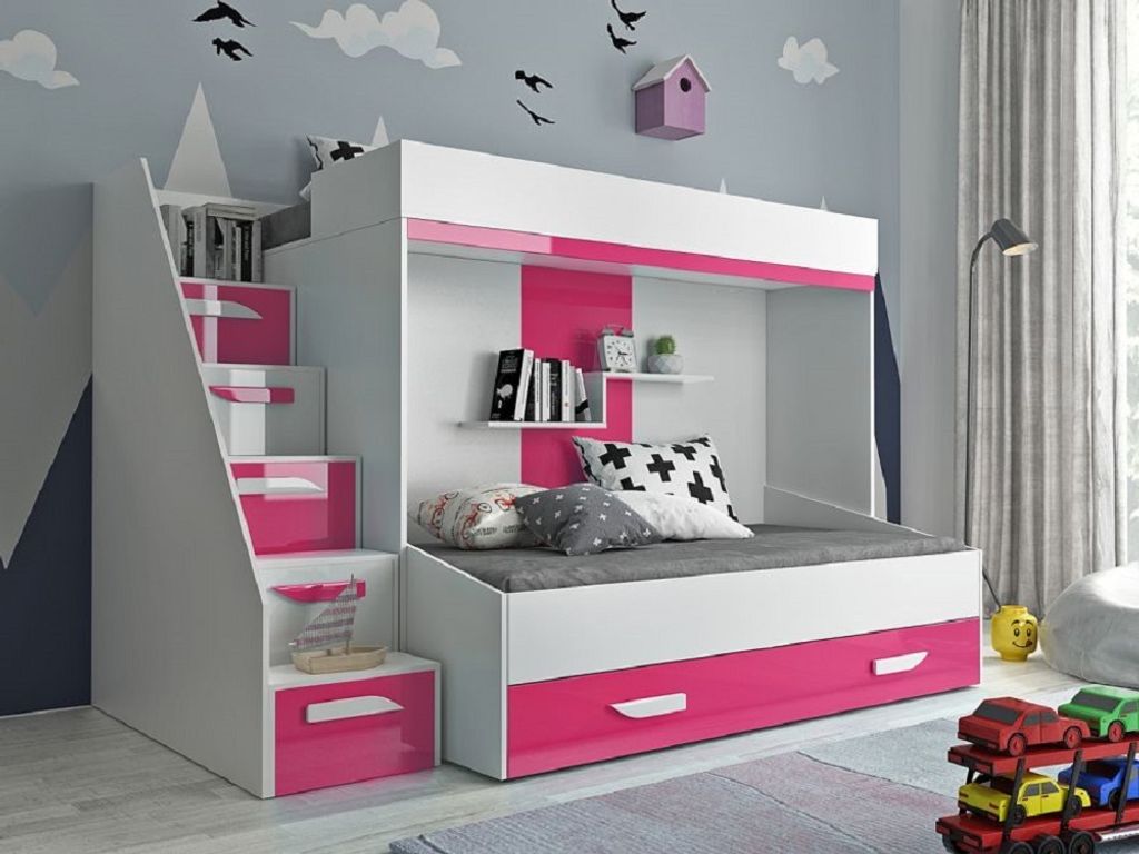 Hochbett Doppelstockbett Etagenbett für 2 Kinder mit Treppe PARIS 6 hochglanz weiß-rosa