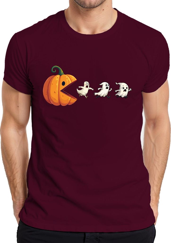 Halloween Kürbis Pacman Geister Party Lustig Cartoon Geschenk Herren T-Shirt, Burgundy, XXL