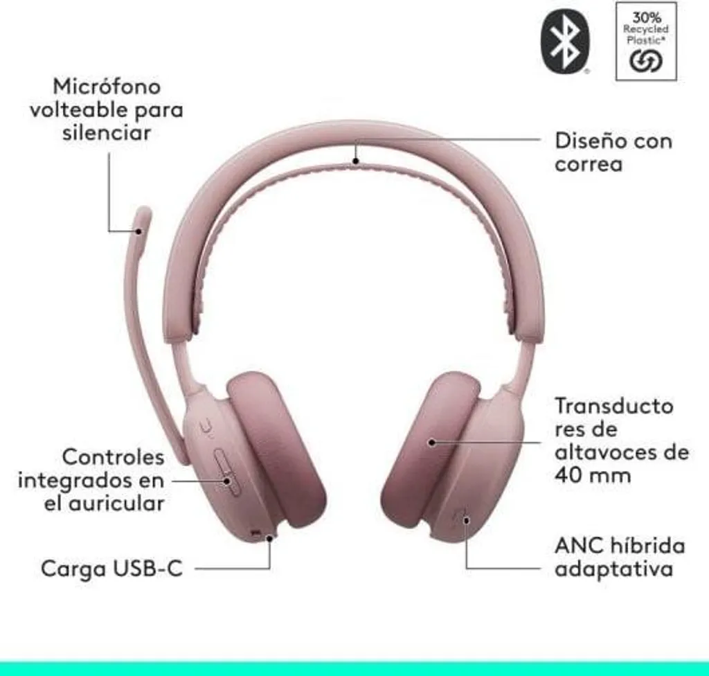 Casque Bluetooth Logitech Zone Wireless 2 ES Rose pour Travail Hybride