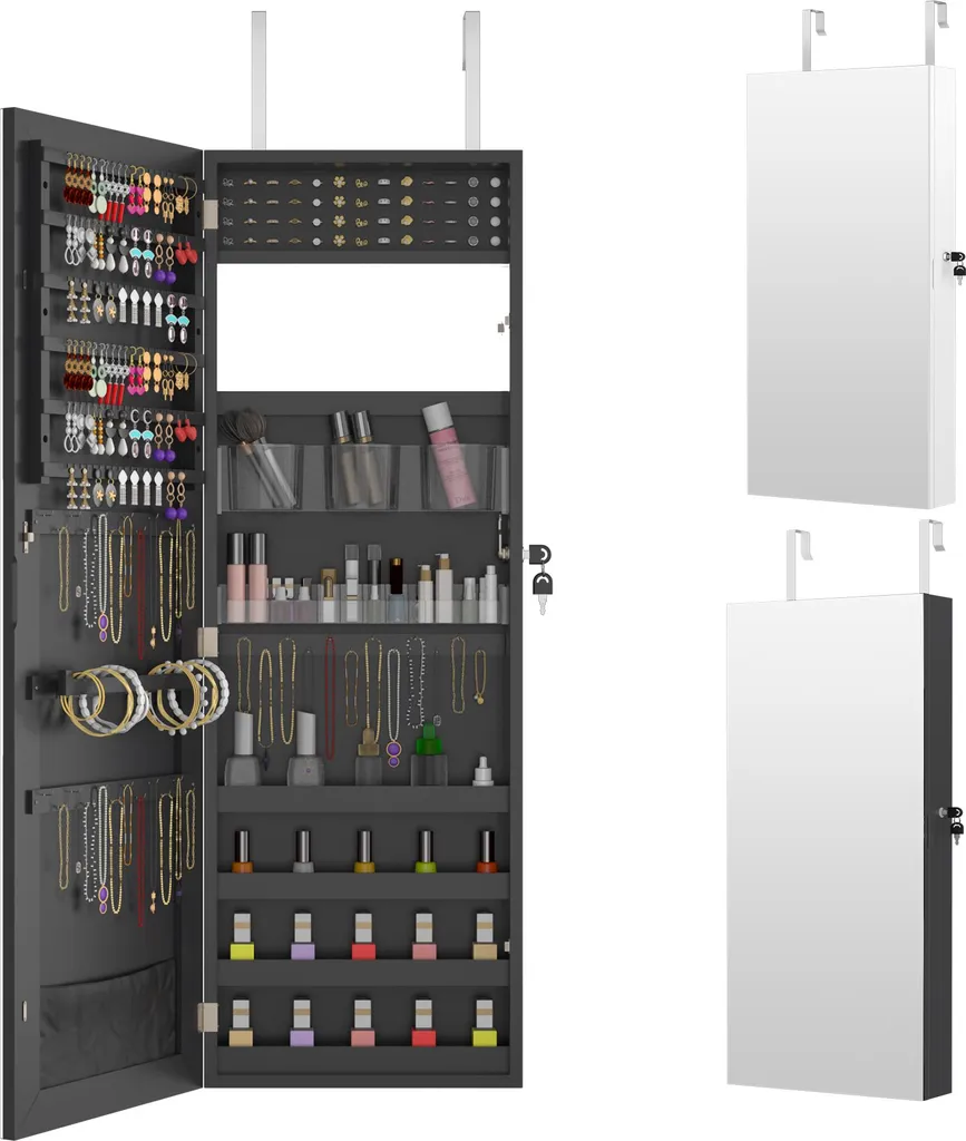 Organisateur de bijoux avec miroir mural noir et rangement gain de place