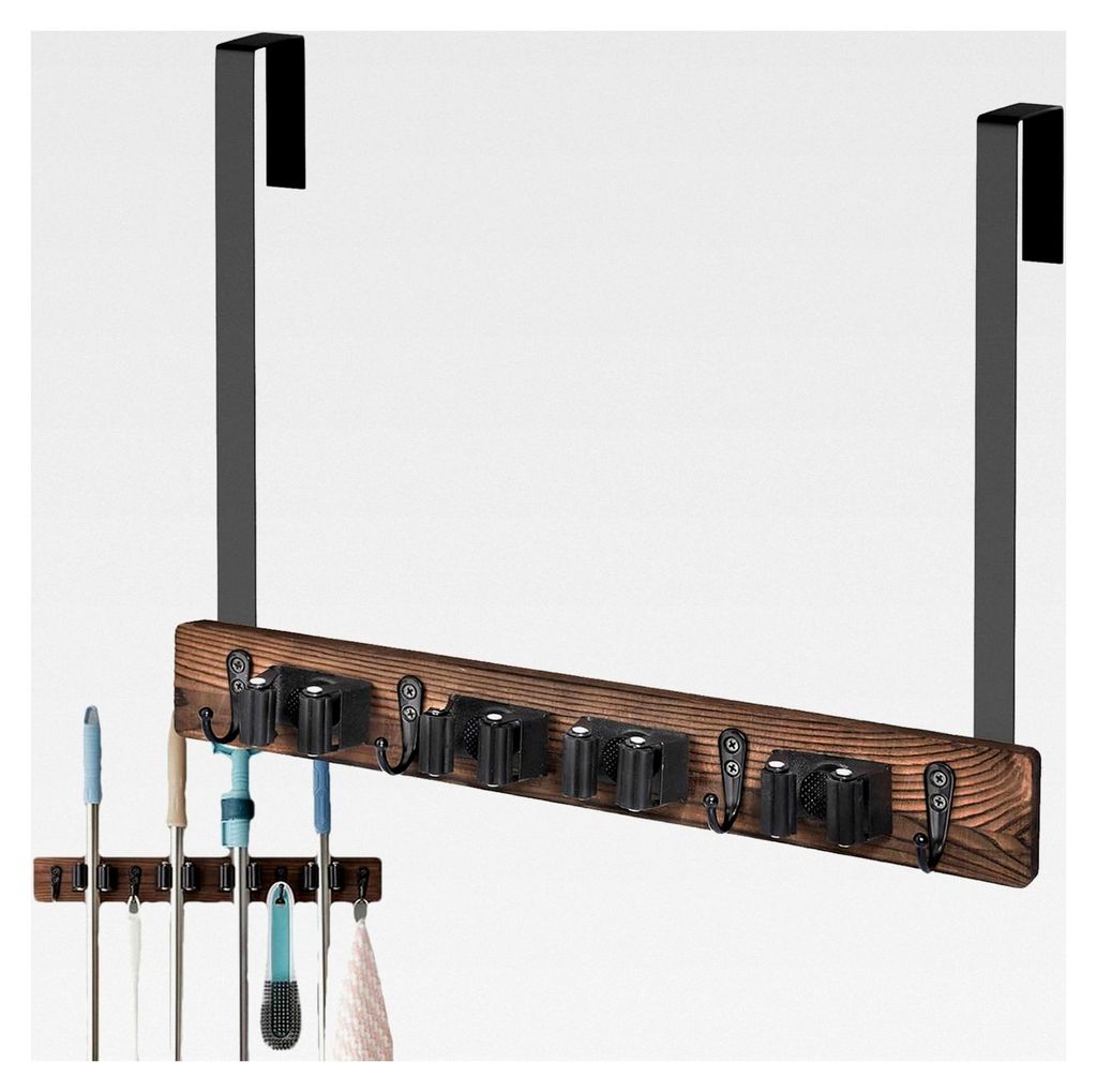 Wandhalterung aus Holz für Mopp und Besen, 30,5 x 7,6 cm, mit Haken, selbstklebend, stabiler Organizer für Küche, Bad und mehr