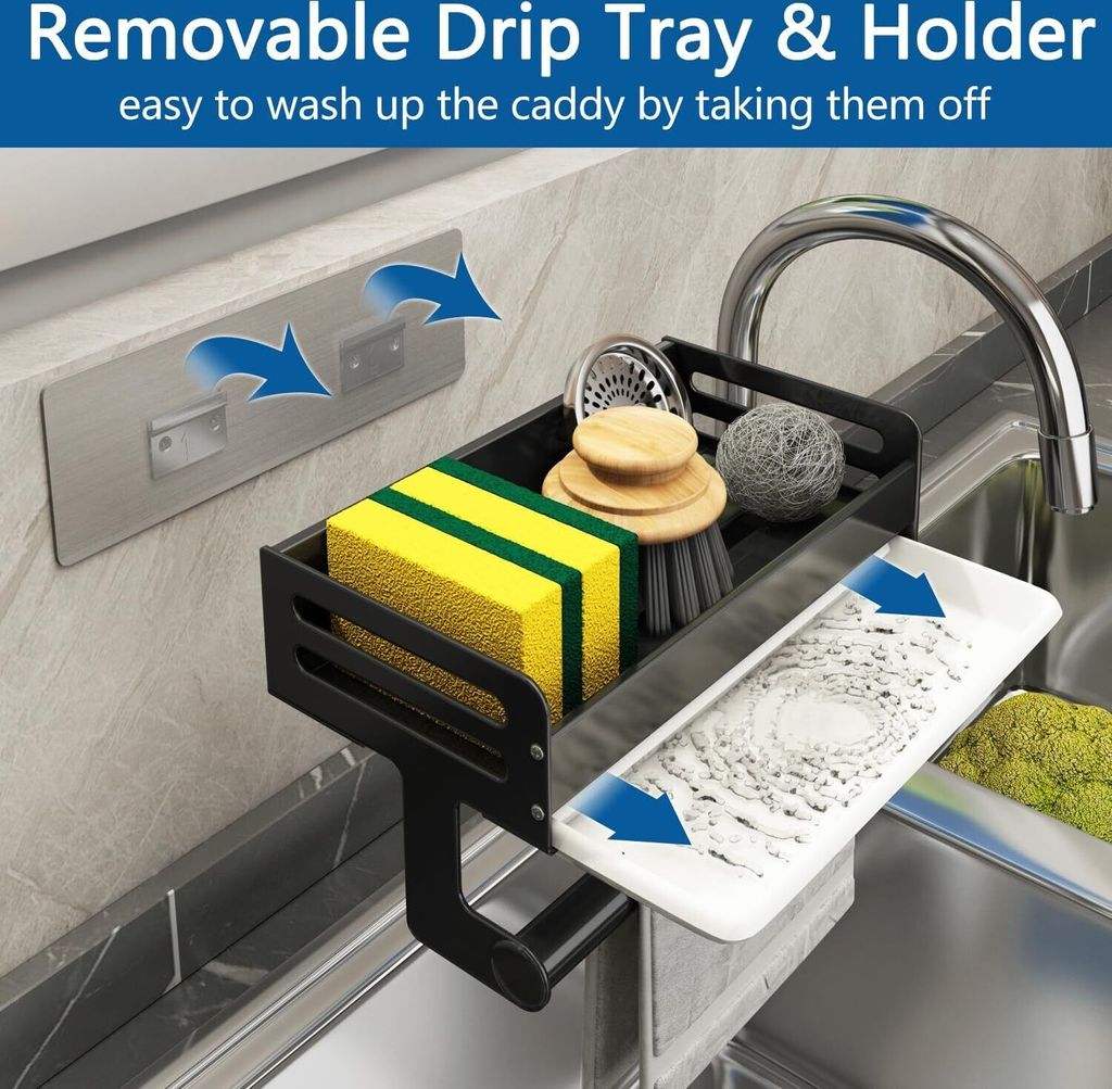 Huiyoulan Spülbecken Organizer Edelstahl - Mit Handtuchhalter & Haken, Schwarz