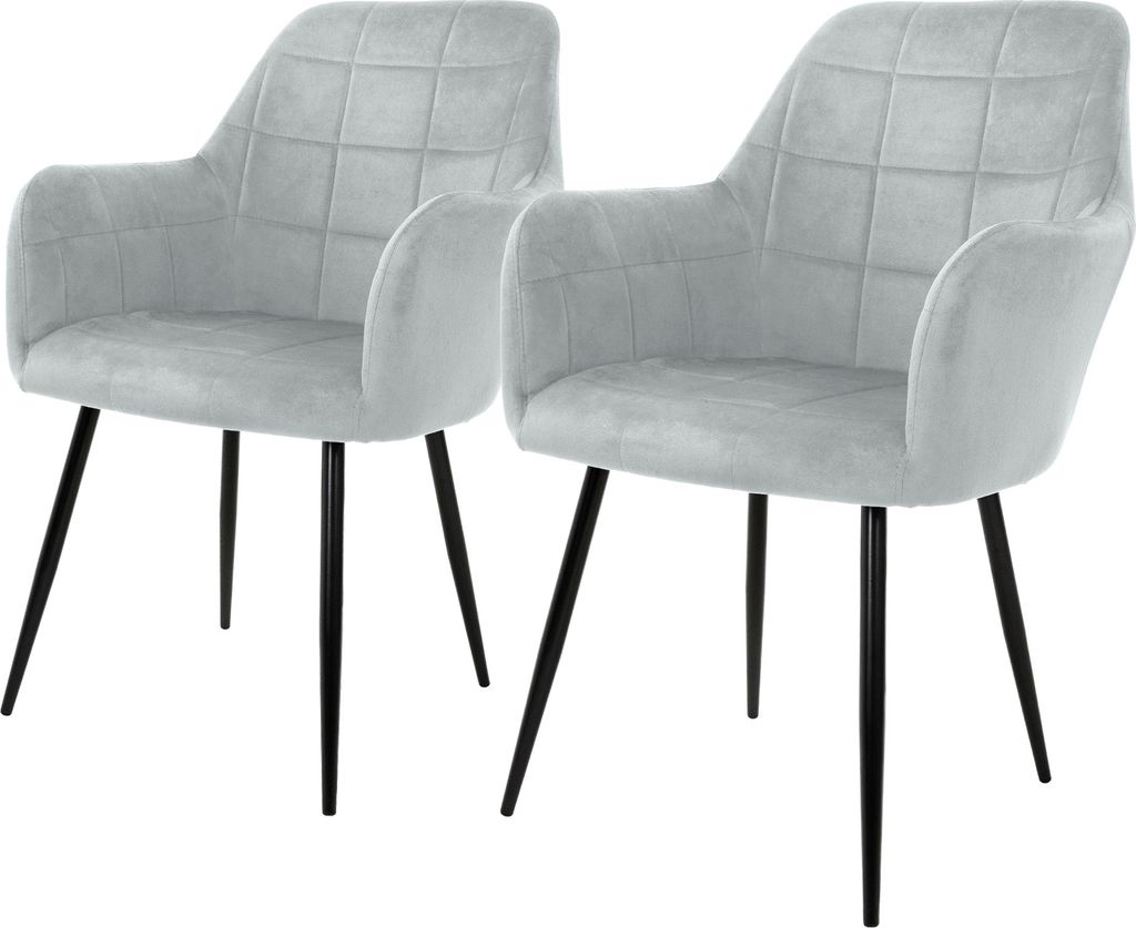 Two light gray armchairs with black legs are shown against a white background.