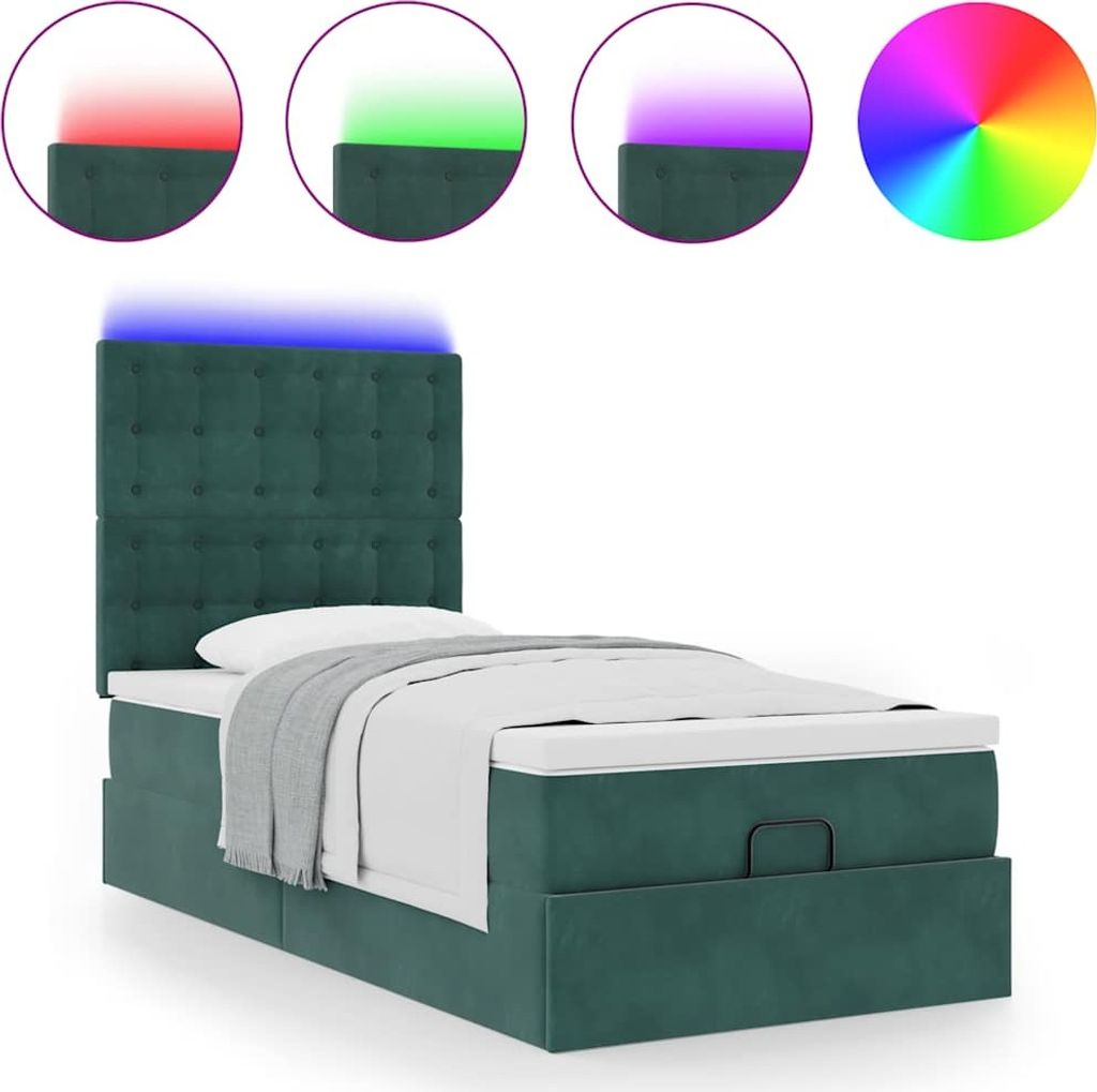 Ottoman-Bett mit Matratzen & LEDs Dunkelgrün 90x200 cm Samt