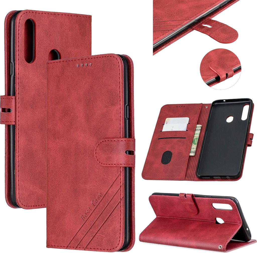 Für Samsung A10S A20S Solid Color Denim Textur Front Clasp Bracket Leder Handy Abdeckung rot