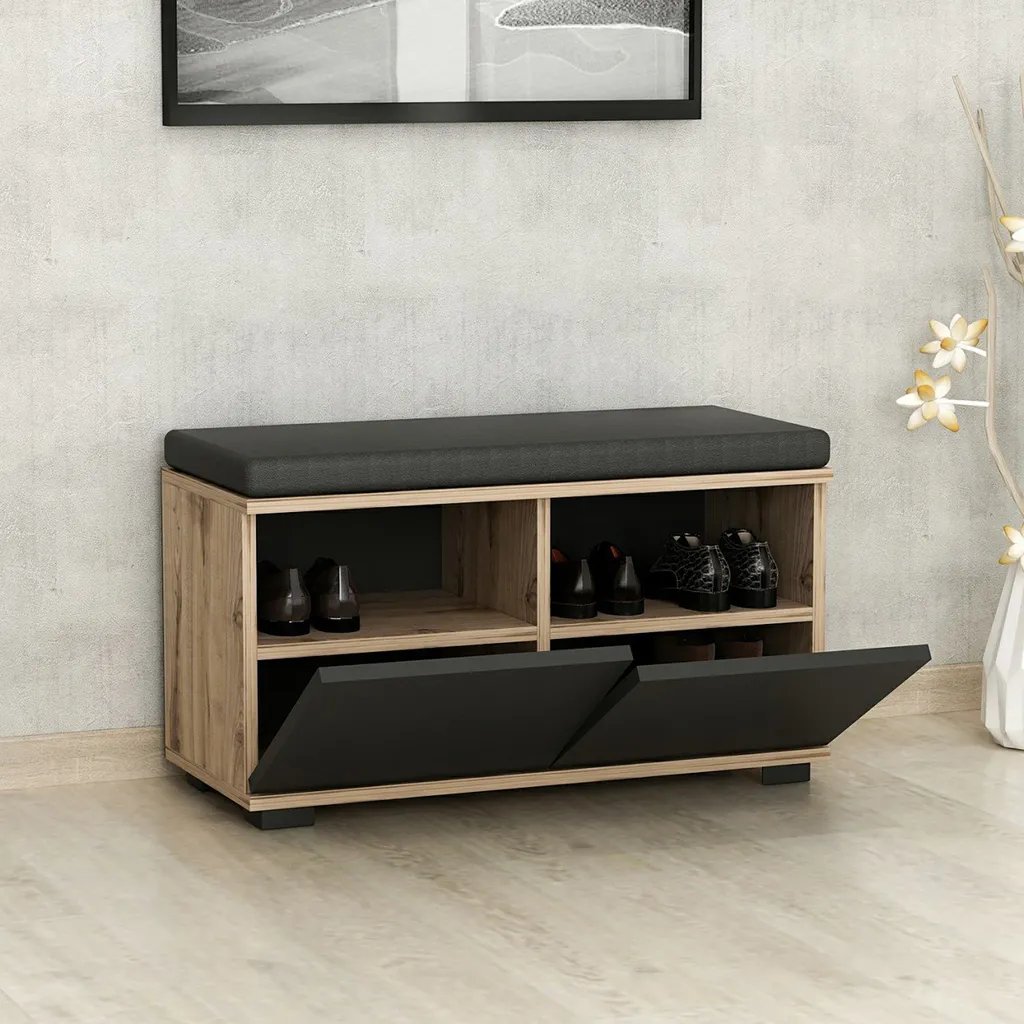 Banc de rangement chaussures 80cm chêne noir avec coussin d'assise - 4